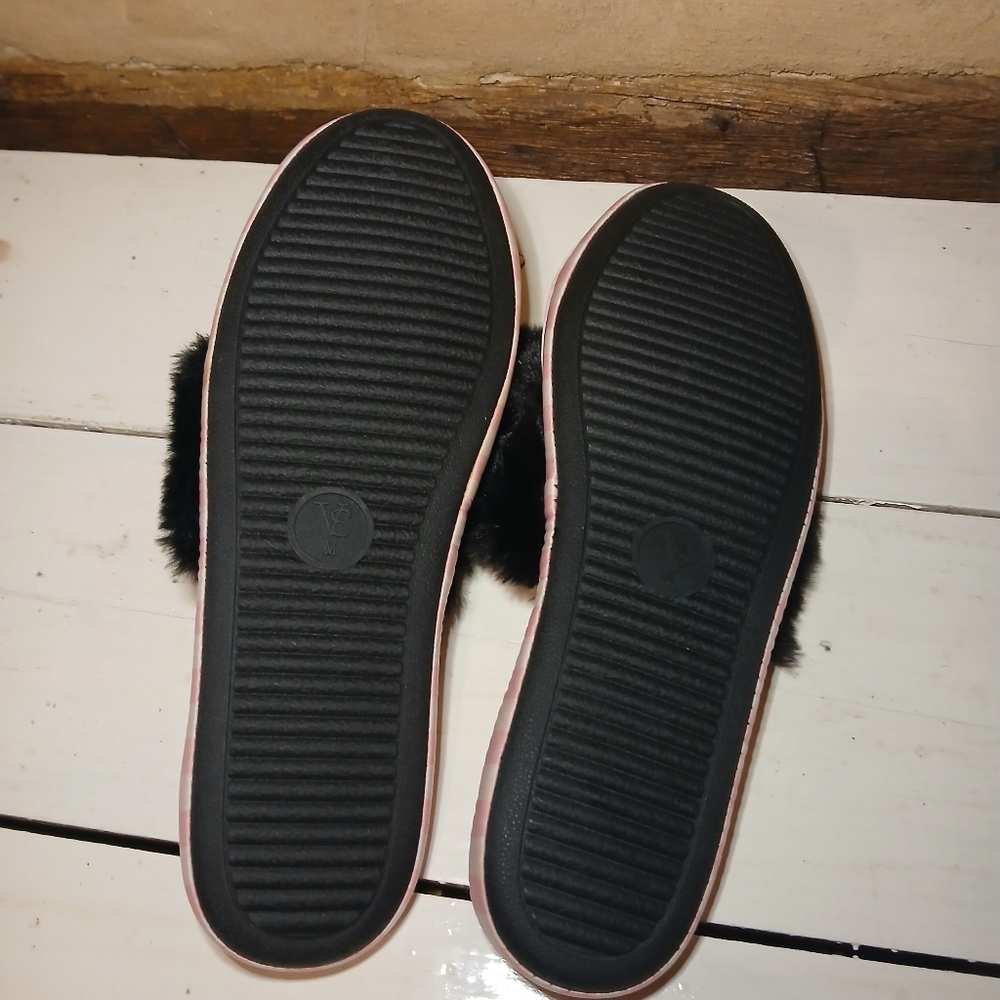 Victoria's Secret Pink & White Striped Satin Fur Trimmed Slippers Size Medium - Picture 6 of 6